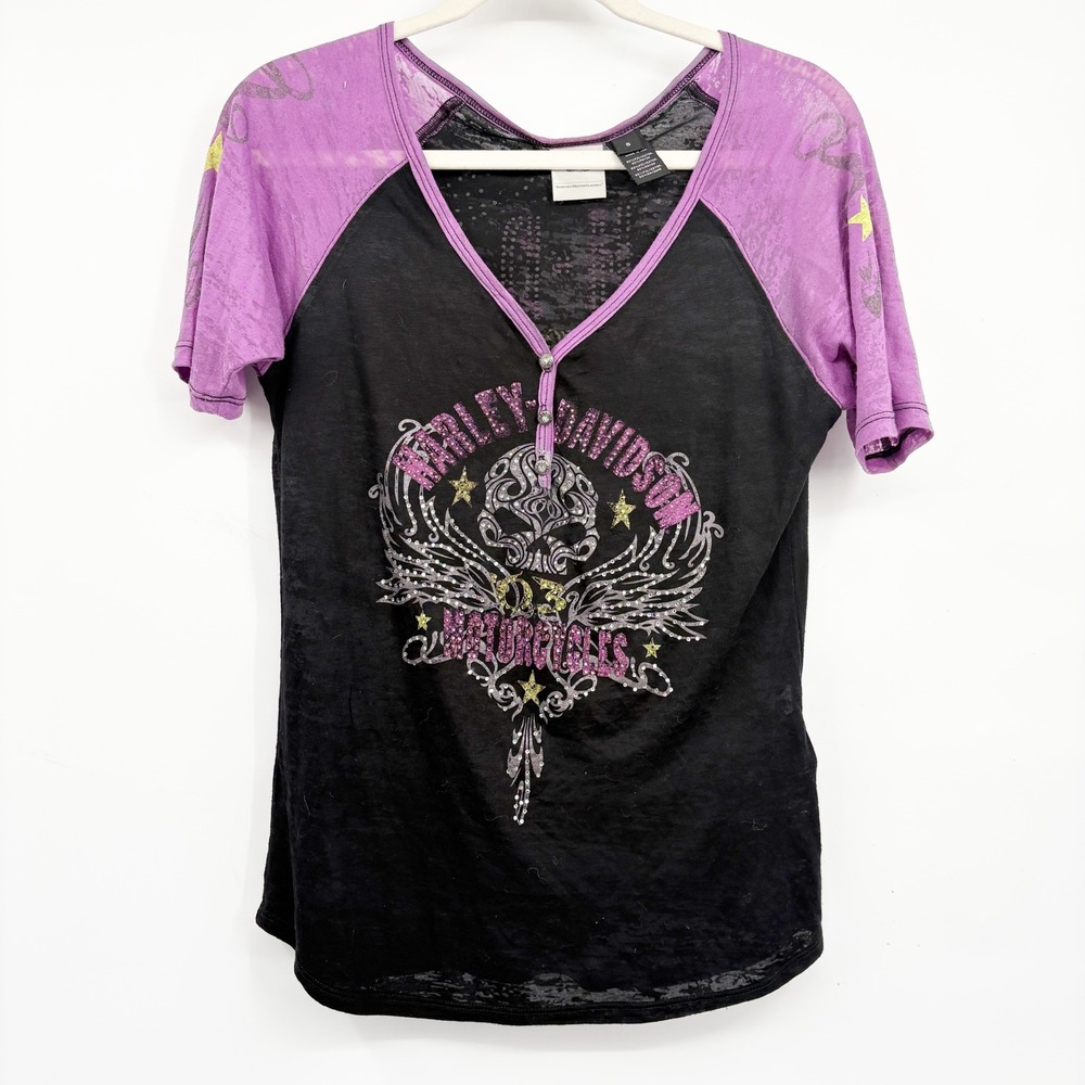 Harley-Davidson Womens Y2K Rhinestone Burnout Biker Skull Grunge Henley‎ Shirt S